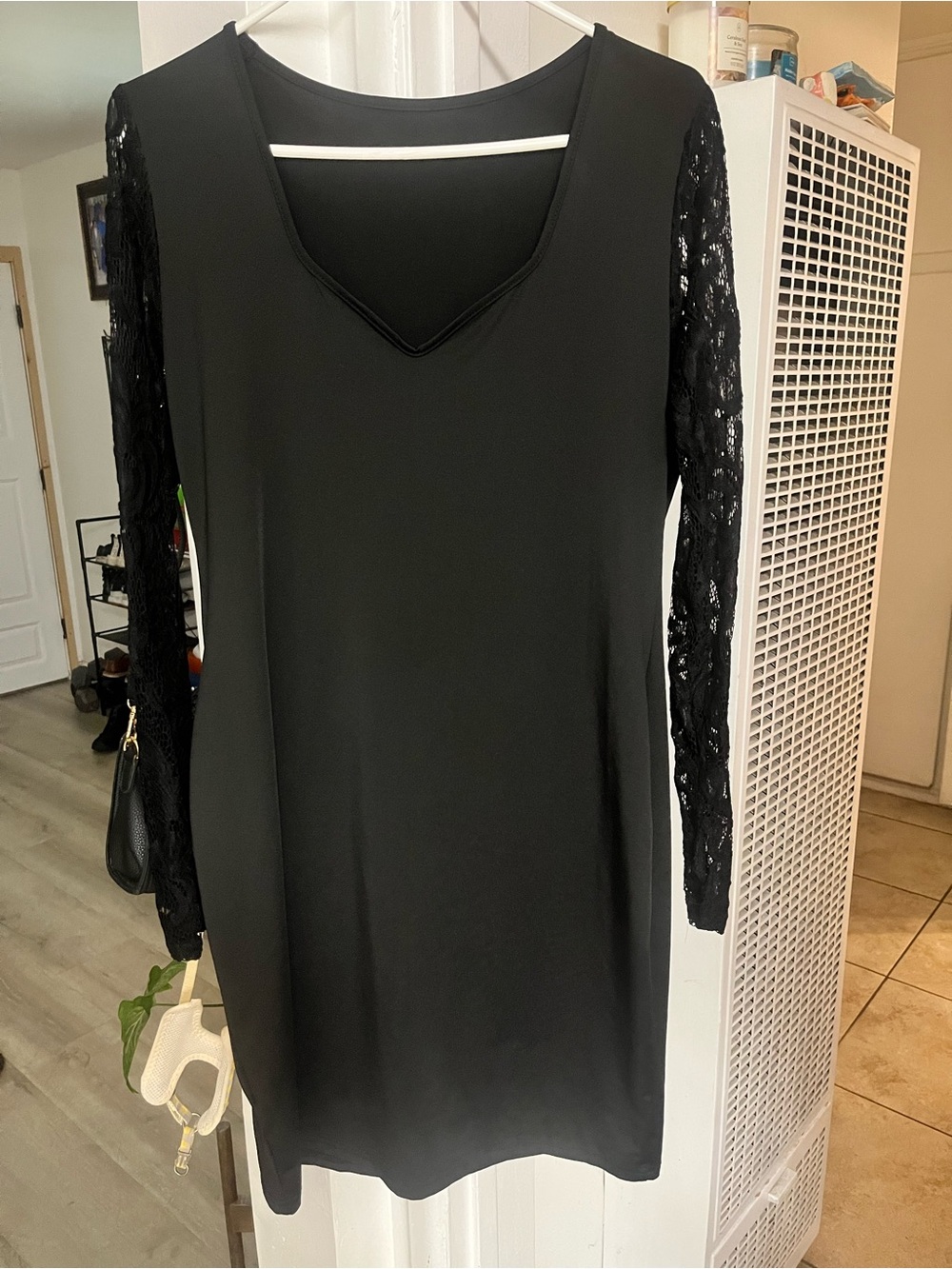 Black Lace-Sleeve V-Neck Long Sleeve Dress